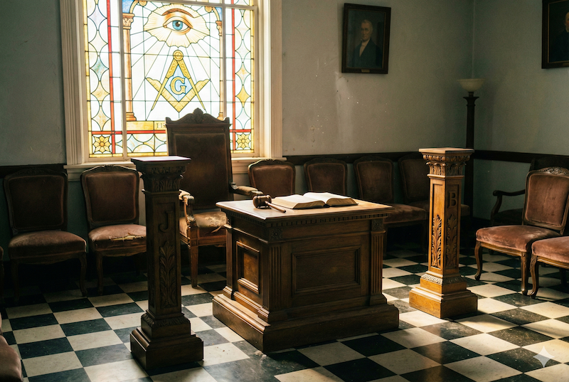 Galeria de reunião com arcos marcantes.